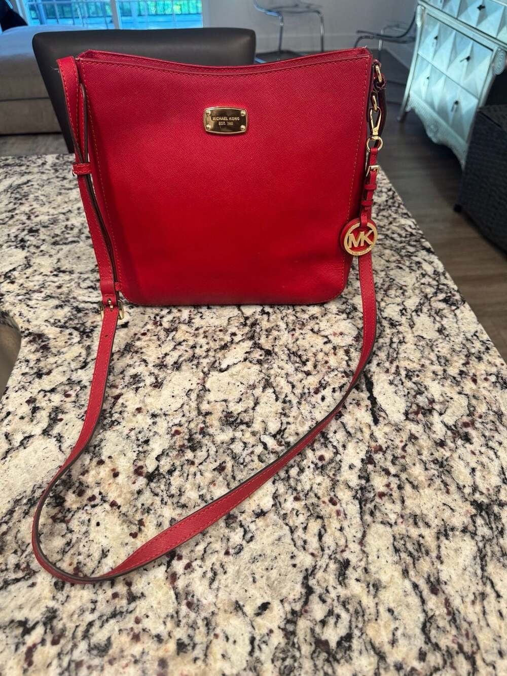 Michael Kors Red Saffiano Leather Crossbody Shoulder Bag Gold Tone
